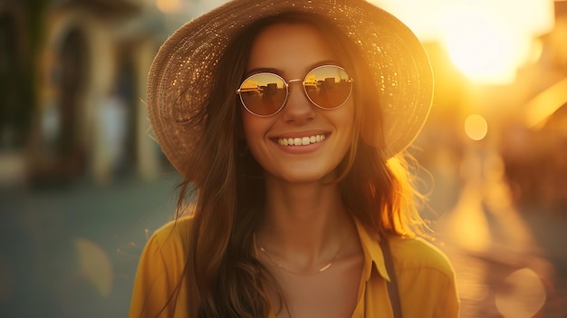 Smiling Young Woman Enjoying Summer in Stylish Outfit Radiating Happiness and Confidence