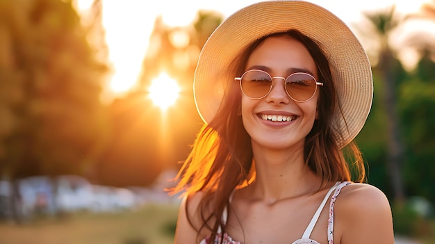 Smiling Young Woman Enjoying Summer in Stylish Outfit Radiating Happiness and Confidence