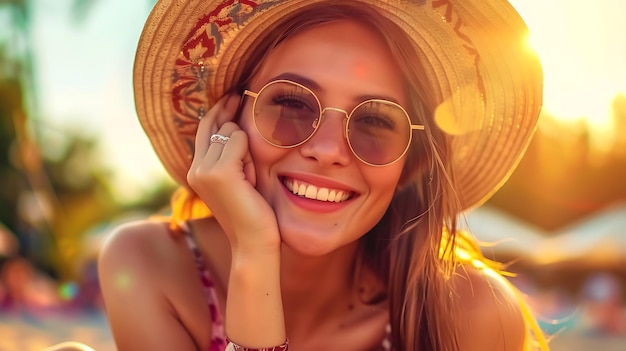 Smiling Young Woman Enjoying Summer in Stylish Outfit Radiating Happiness and Confidence