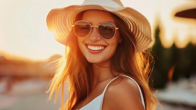 Smiling Young Woman Enjoying Summer in Stylish Outfit Radiating Happiness and Confidence