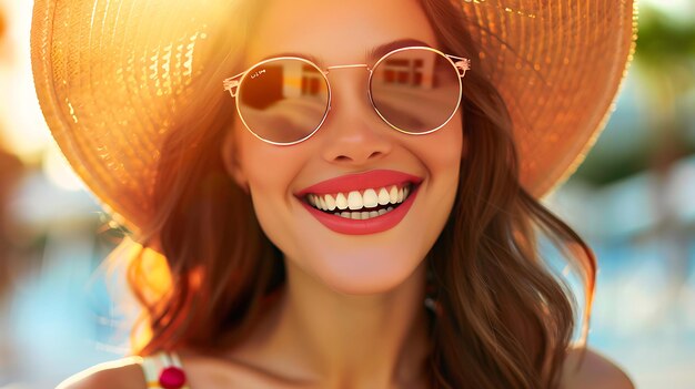 Smiling Young Woman Enjoying Summer in Stylish Outfit Radiating Happiness and Confidence