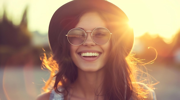 Photo smiling young woman enjoying summer in stylish outfit radiating happiness and confidence