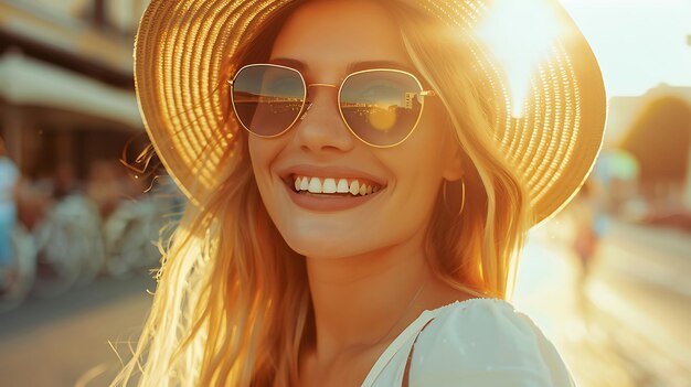 Smiling Young Woman Enjoying Summer in Stylish Outfit Radiating Happiness and Confidence