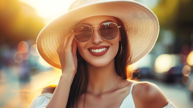 Smiling Young Woman Enjoying Summer in Stylish Outfit Radiating Happiness and Confidence