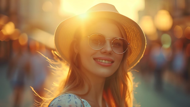 Smiling Young Woman Enjoying Summer in Stylish Outfit Radiating Happiness and Confidence