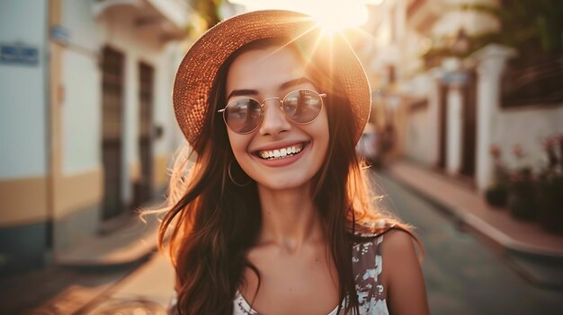 Smiling Young Woman Enjoying Summer in Stylish Outfit Radiating Happiness and Confidence