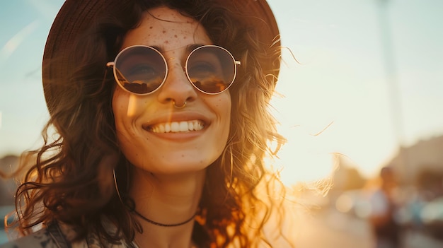 Smiling Young Woman Enjoying Summer in Stylish Outfit Radiating Happiness and Confidence