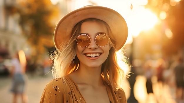 Smiling Young Woman Enjoying Summer in Stylish Outfit Radiating Happiness and Confidence