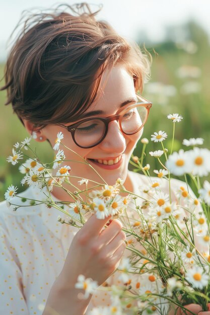 Photo smiling young woman enjoying wildflowers in a lush meadow during springtime