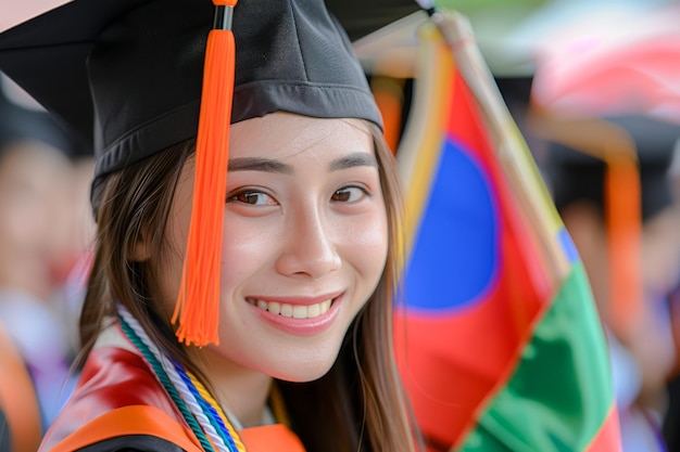 Smiling Young Woman in Graduation Cap and Gown with Colorful Flags in Background during