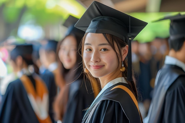 Smiling Young Woman in Graduation Cap and Gown with Fellow Graduates in Background