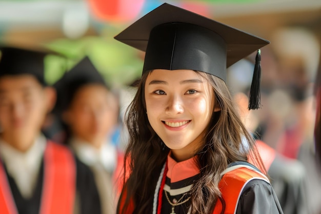 Smiling Young Woman in Graduation Cap and Gown with Peers in Background at Commencement Ceremony