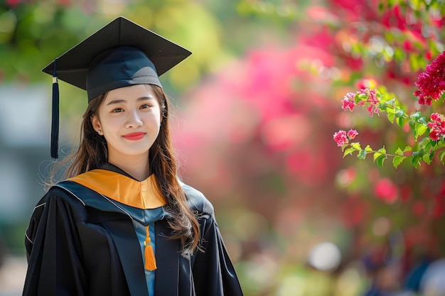 Smiling Young Woman in Graduation Gown and Cap Standing Proudly in Lush Garden with Blossoms