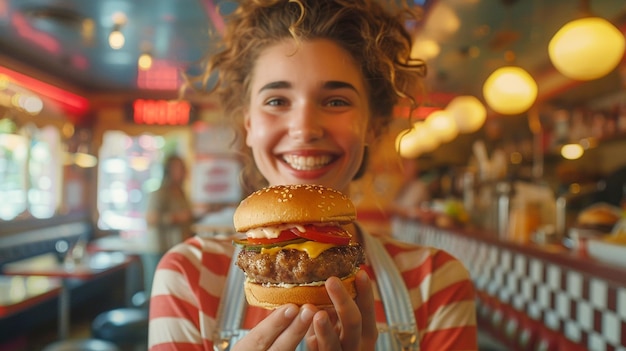 Photo smiling young woman holding a delicious burger in retro diner during daylight