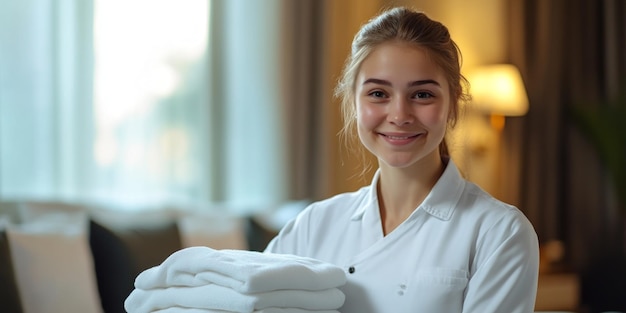 A smiling young woman holds neatly stacked white towels in a bright and welcoming hotel environment This image conveys hospitality and professionalism Ideal for promoting hotel services AI