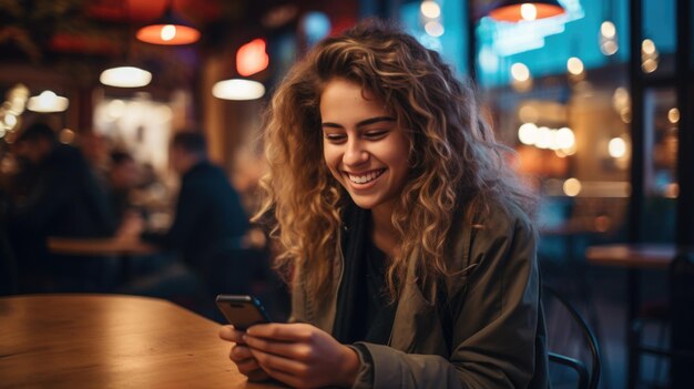 a smiling young woman is smiling and is holding her cell phone in the style of rationalist chic