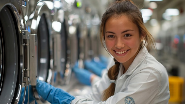 Photo smiling young woman in a laundry facility