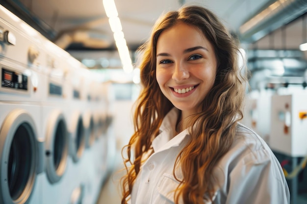 Smiling young woman laundry worker with washing machines in the background