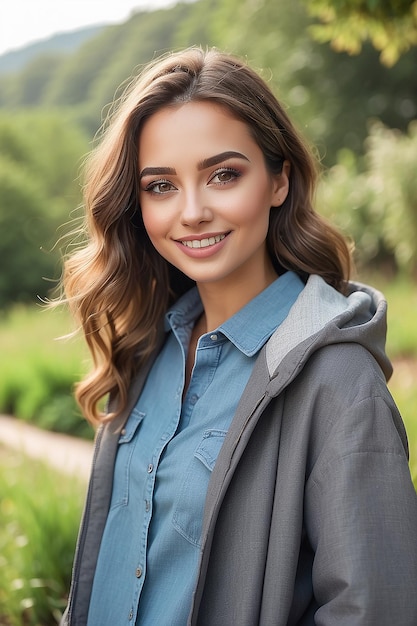 Smiling young woman looking at camera outdoors generated by AI