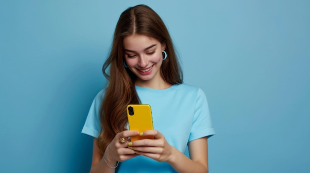 smiling young woman looking down at her yellow smartphone with pleasure wearing a blue top and matching blue hoop earrings against a soft blue background