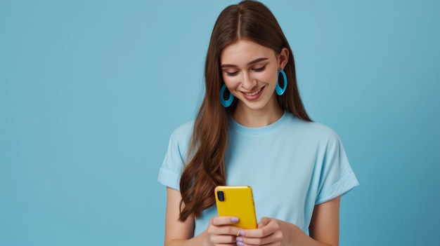 smiling young woman looking down at her yellow smartphone with pleasure wearing a blue top and matching blue hoop earrings against a soft blue background