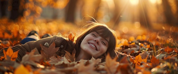 Photo smiling young woman lying on a bed of autumn leaves basking in the warm sunlight of a fall afternoon