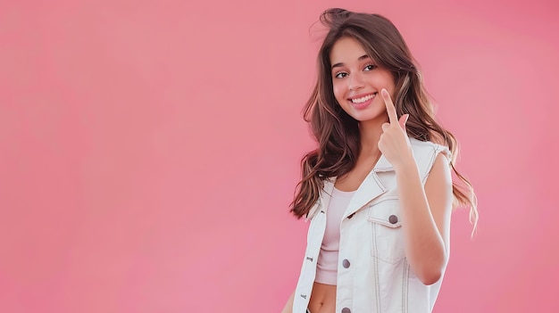 Smiling Young Woman Posing and Pointing Finger on Pink Background