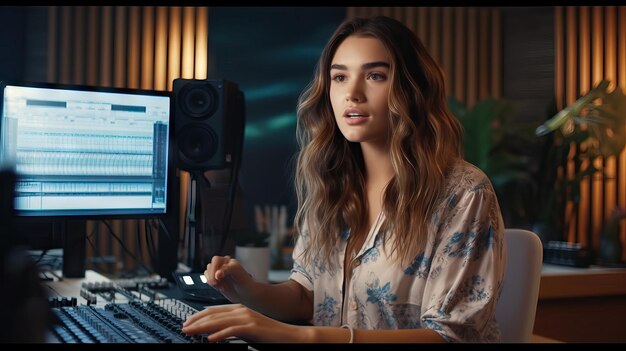 Smiling young woman recording podcast using computer to stream new offices and works concept