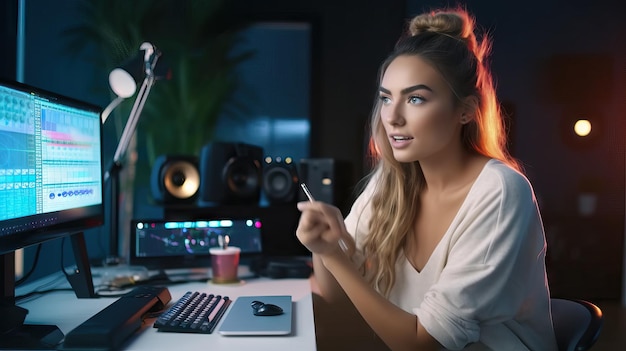 Smiling young woman recording podcast using computer to stream new offices and works concept