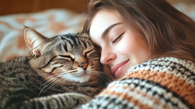 A smiling young woman shares a tender moment with her beloved cat embracing warmth and joy during a cozy autumn day