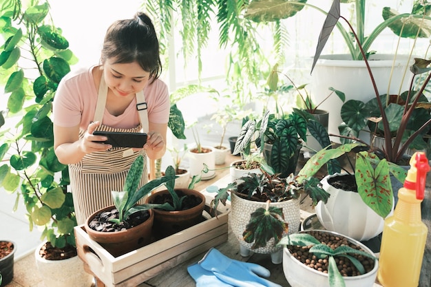 Smiling young woman taking smartphone picture of plant in a small shop