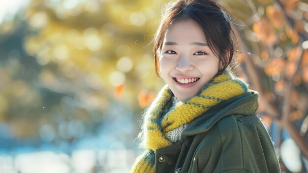 Smiling Young Woman in Teal Coat Enjoying Sunny Winter Day