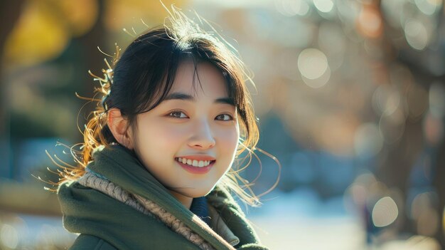 Smiling Young Woman in Teal Coat Enjoying Sunny Winter Day