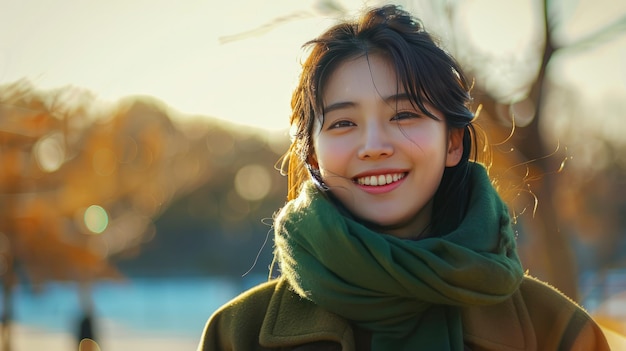 Smiling Young Woman in Teal Coat Enjoying Sunny Winter Day