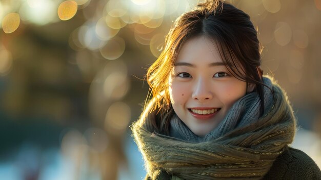 Smiling Young Woman in Teal Coat Enjoying Sunny Winter Day