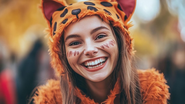 Photo smiling young woman in a tiger costume at a festive carnival parade