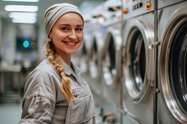 Smiling young woman in uniform in laundry room with washing machines in the background