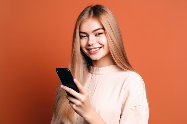 A smiling young woman using her cellphone with a blank screen created with generative ai