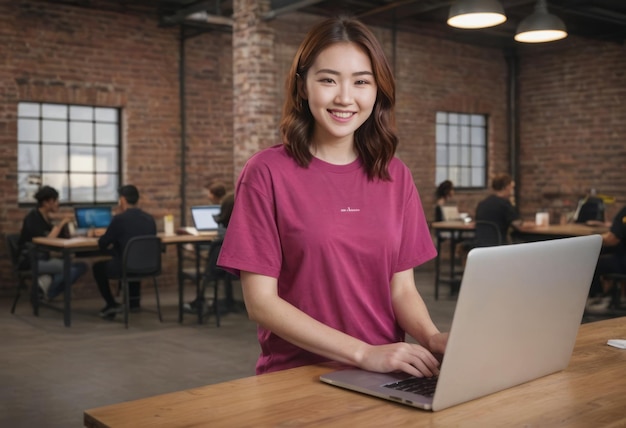 Smiling young woman using laptop in industrialstyle office