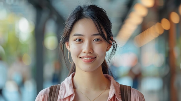 Smiling Young Woman Wearing a Pink Shirt and a Backpack in a City Setting