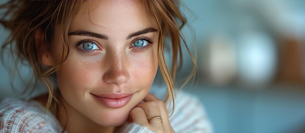 smiling young woman wearing a ring on a hand touching chin