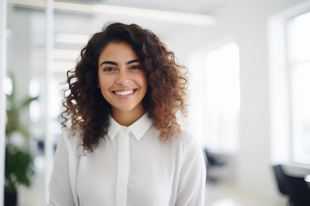 Smiling young woman in a white blouse in the office copy space AI generated