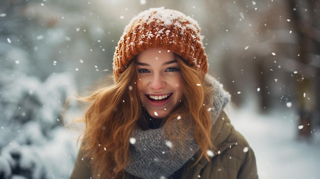 Smiling young woman in winter forest enjoying snow and nature