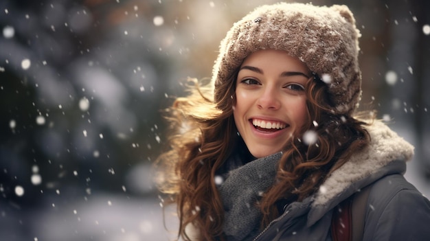 Smiling young woman in winter forest enjoying snow and nature