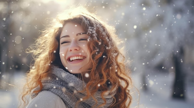 Smiling young woman in winter forest enjoying snow and nature