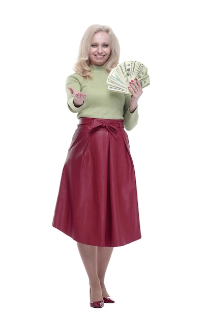 Smiling young woman with banknotes isolated on a white