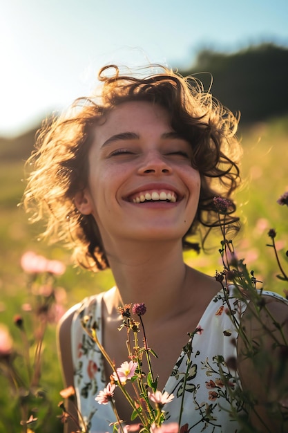 Smiling young woman with bouquet of flowers in field at sunset