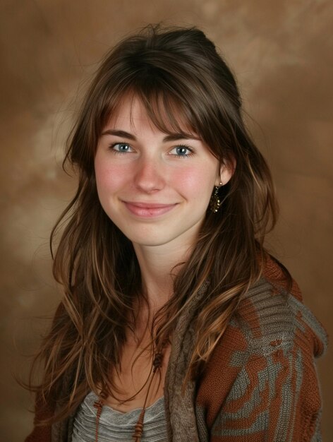 Smiling Young Woman with Brown Hair Against Neutral Background