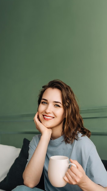 A smiling young woman with a cup of hot drink sits on a couch enjoying some alone time in the living