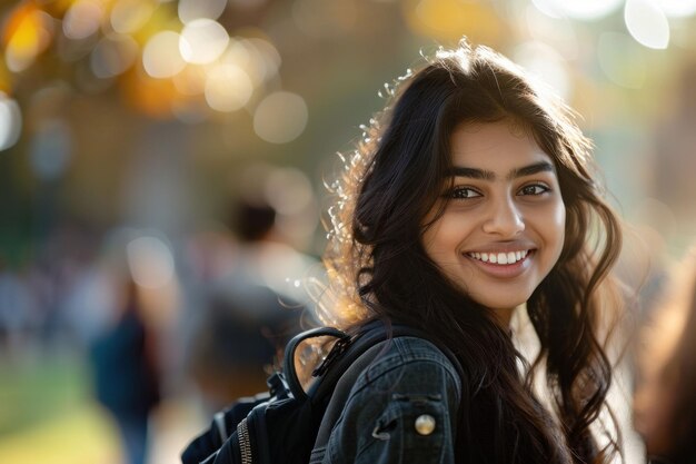 Smiling young woman with long black hair in a park background with bokeh effect and warm autumn colors